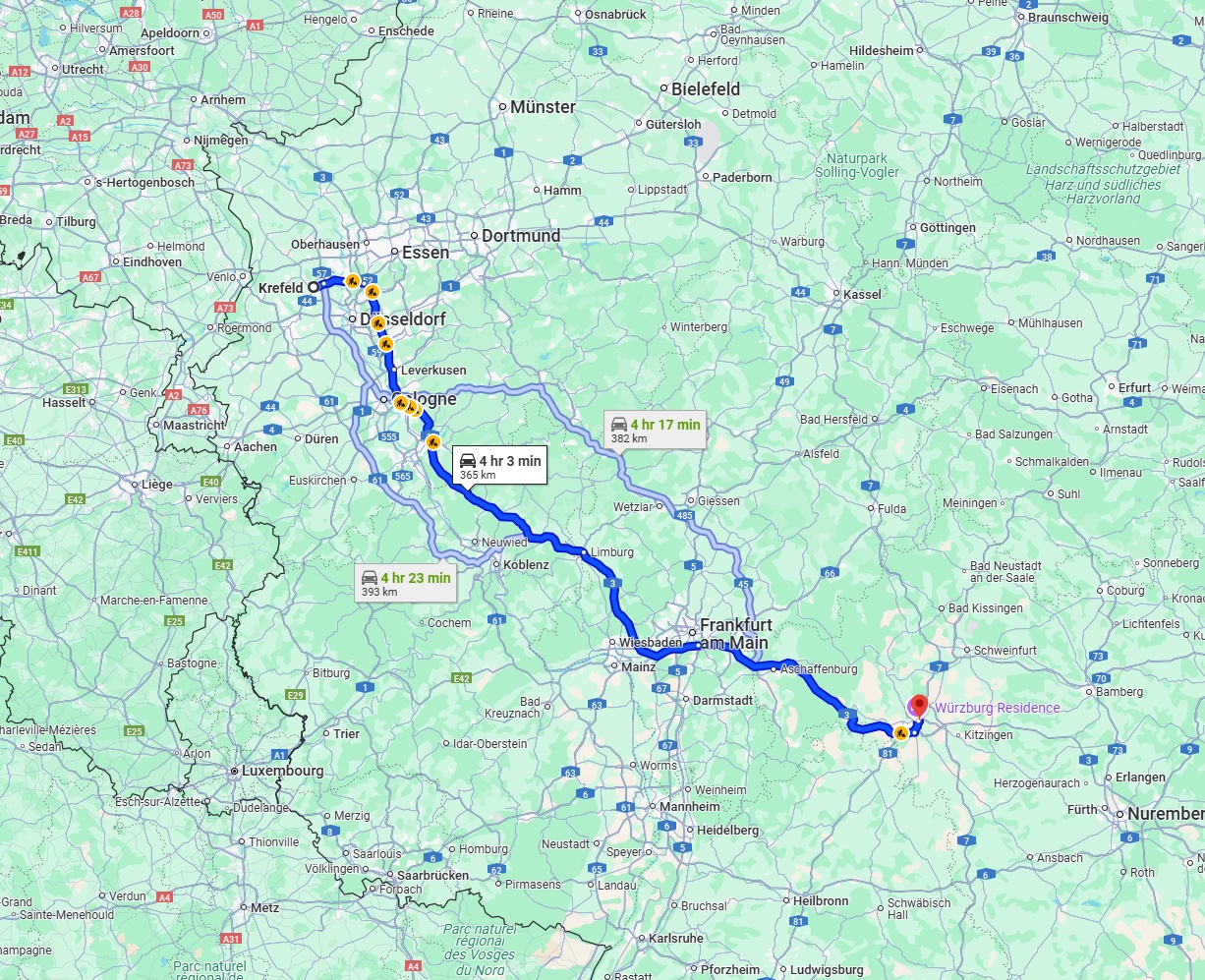 Anreise von Krefeld Zu Würzburg Über via A3