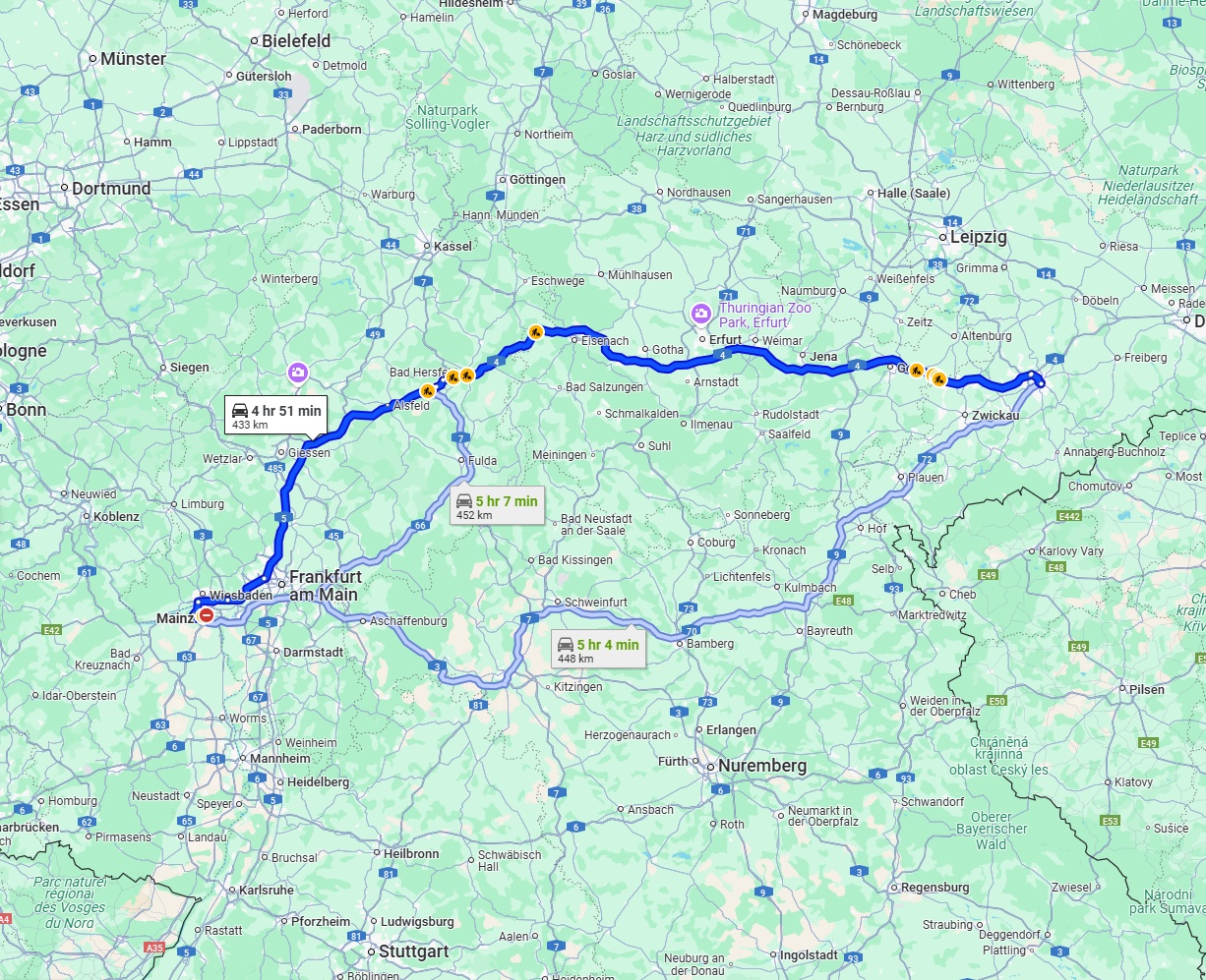 Anreise von Mainz Zu Chemnitz Über via A5 and A4