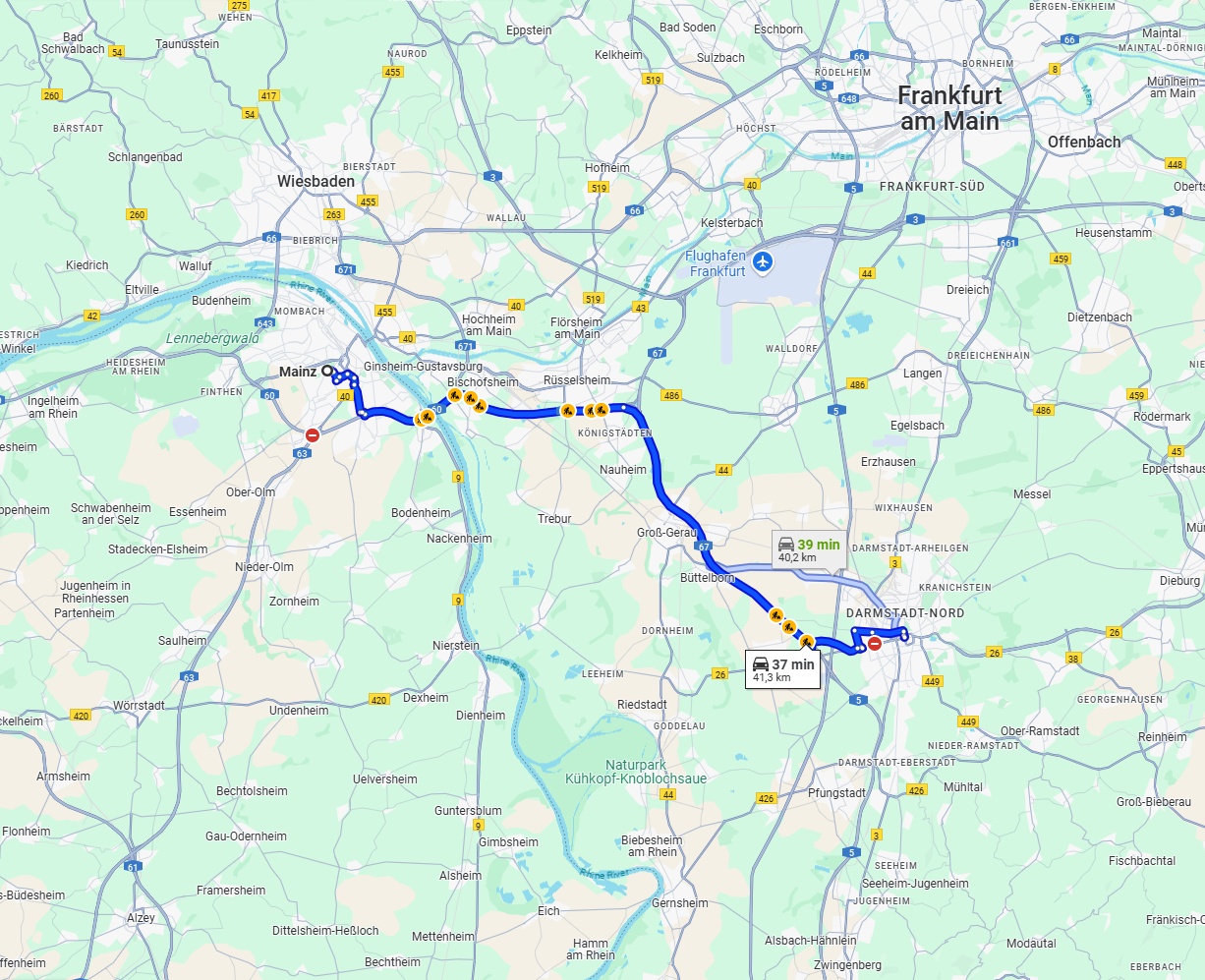 Anreise von Mainz Zu Darmstadt Über via A60 and A67