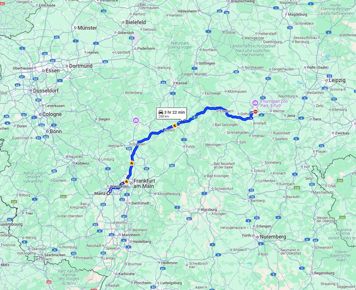 Anreise von Mainz Zu Erfurt Über via A5 and A4