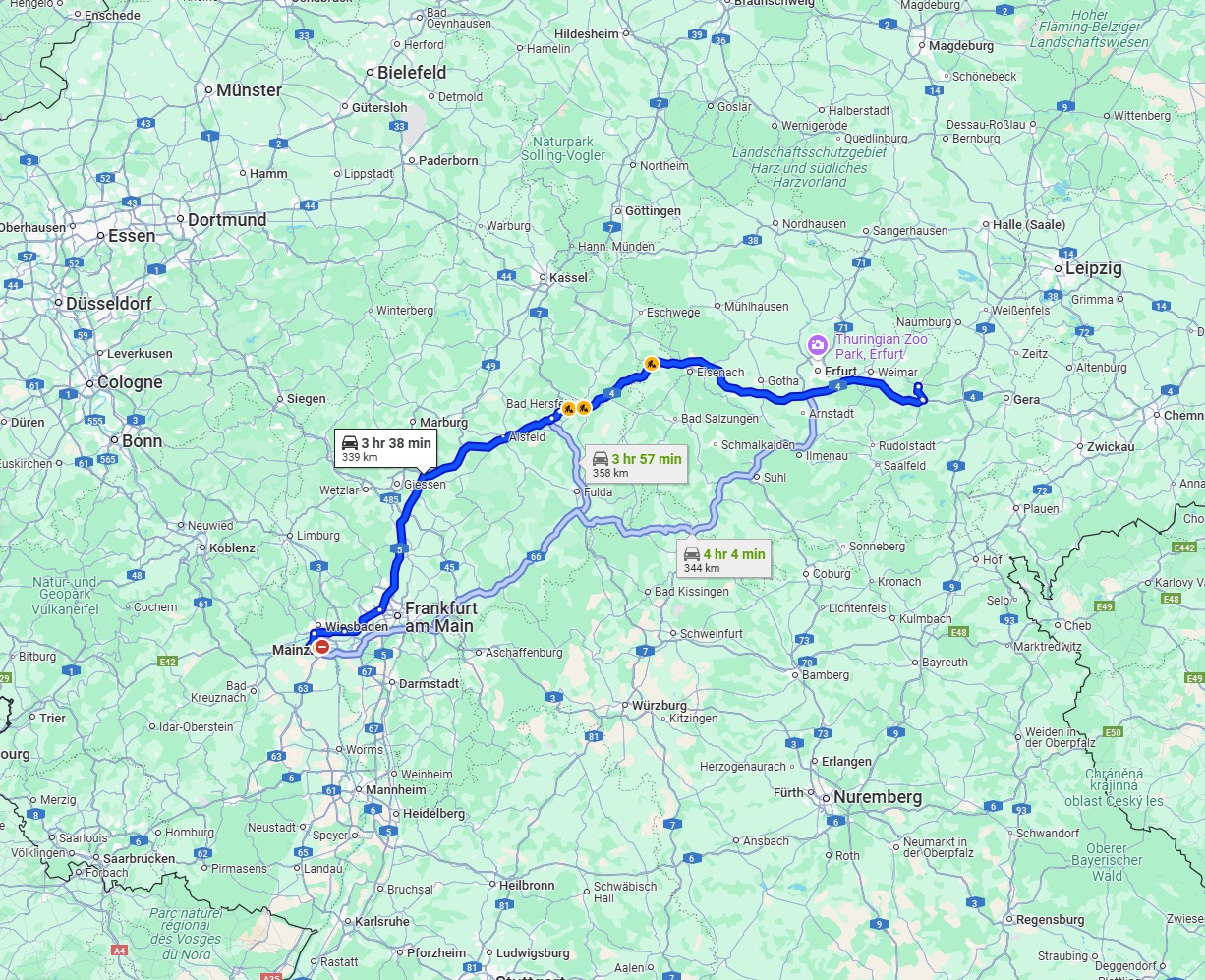 Anreise von Mainz Zu Jena Über via A5 and A4