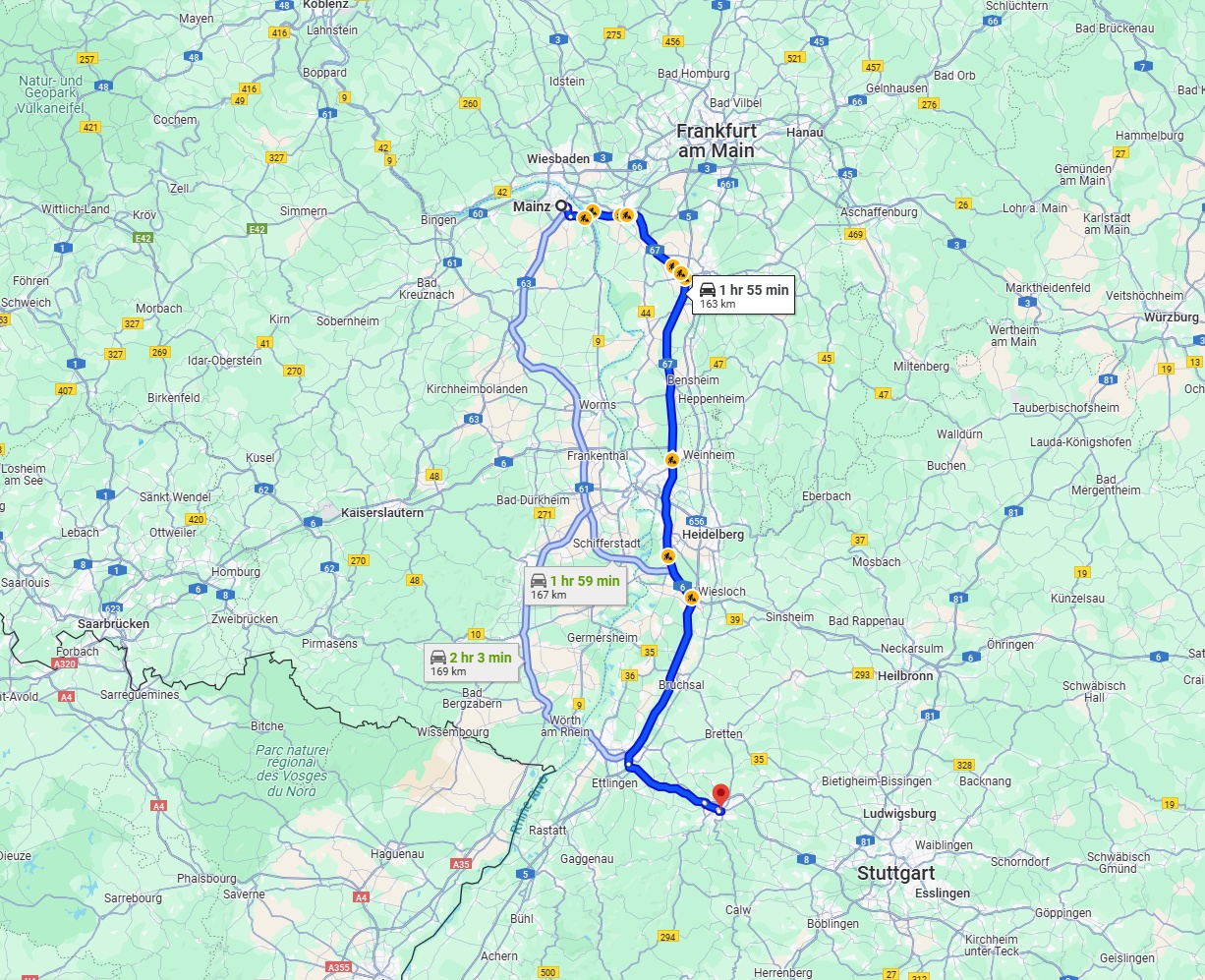 Anreise von Mainz Zu Pforzheim Über via A67