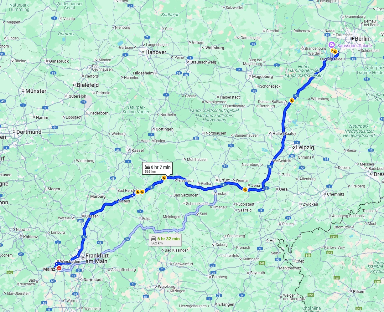 Anreise von Mainz Zu Potsdam Über via A4 and A9