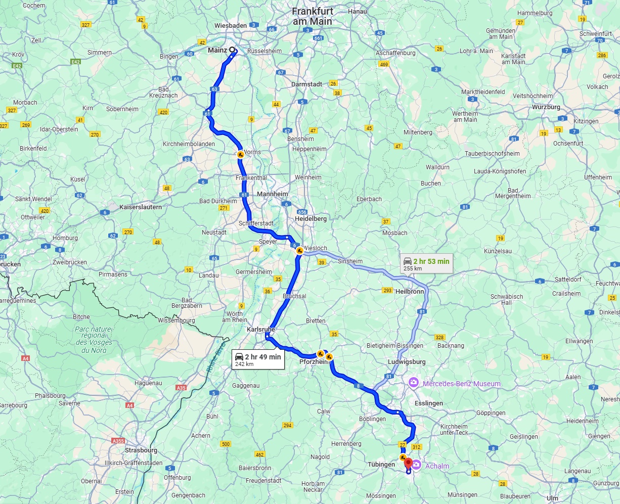 Anreise von Mainz Zu Reutlingen Über via A61 and A8
