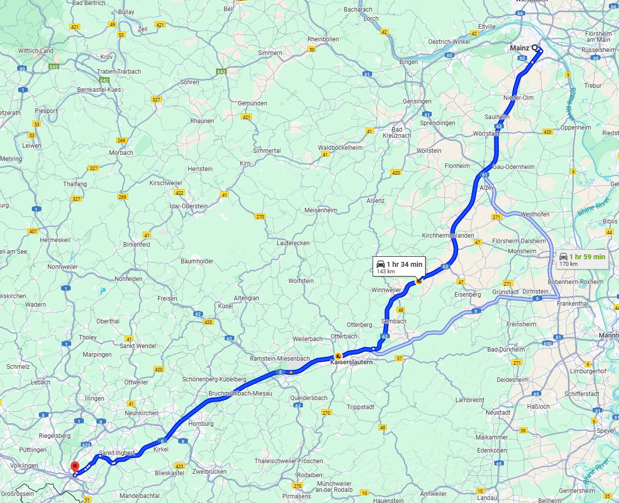 Anreise von Mainz Zu Saarbrücken Über via A63 and A6