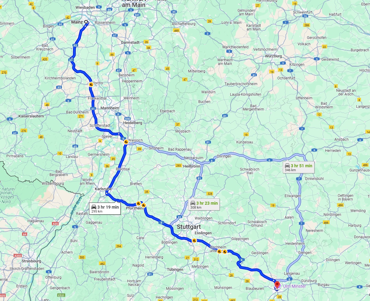 Anreise von Mainz Zu Ulm Über via A8