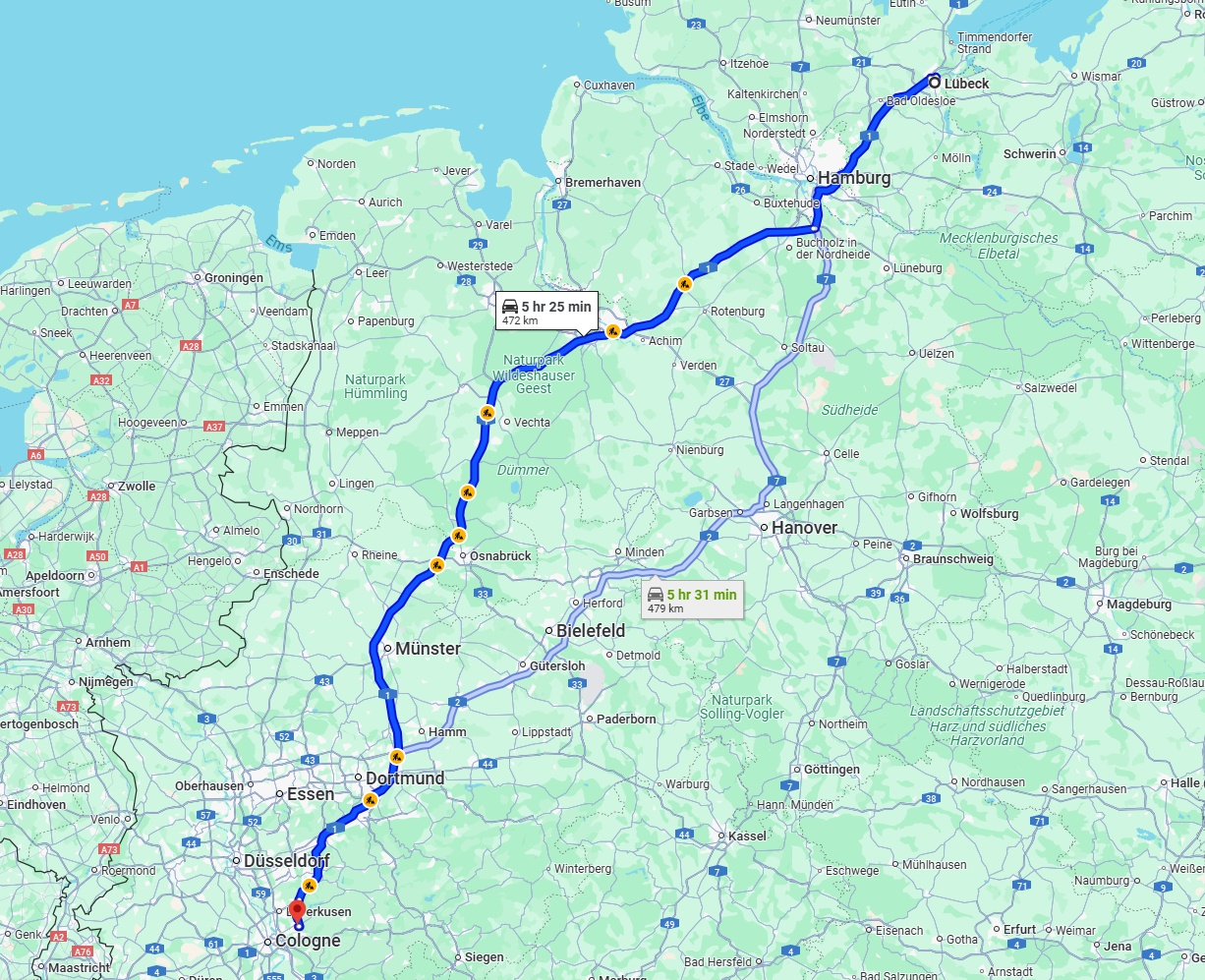 Anreise von Lübeck Zu Bergisch Gladbach Über via A1