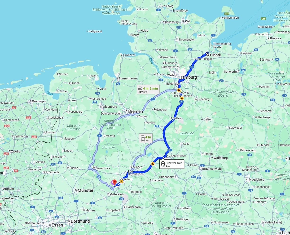 Anreise von Lübeck Zu Bielefeld Über via A7 and A2