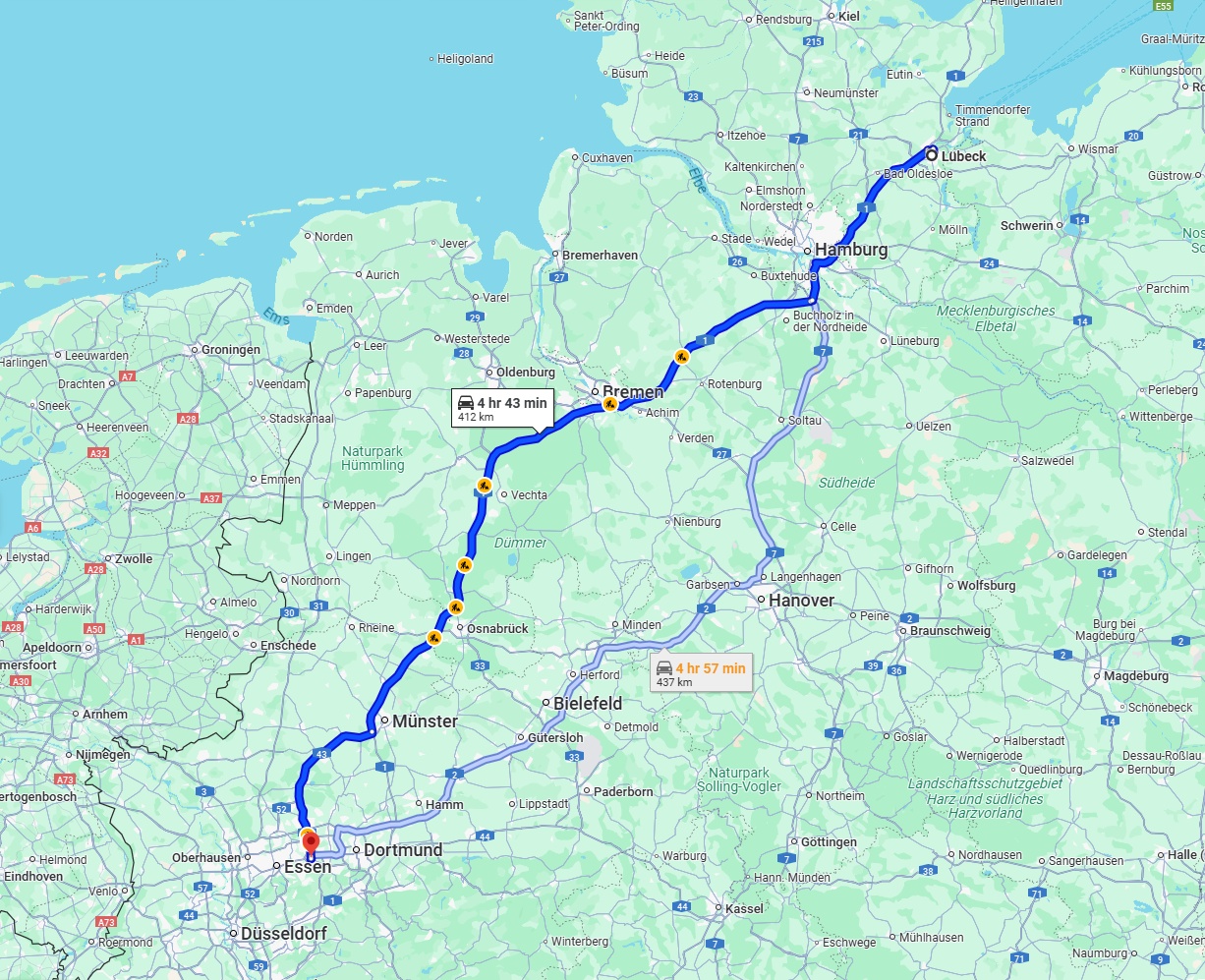 Anreise von Lübeck Zu Bochum Über via A1
