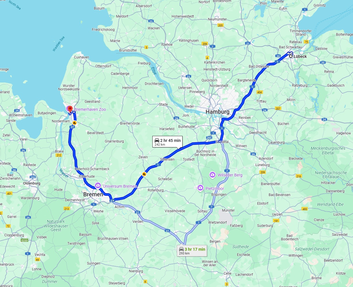 Anreise von Lübeck Zu Bremerhaven Über via A1 and A27
