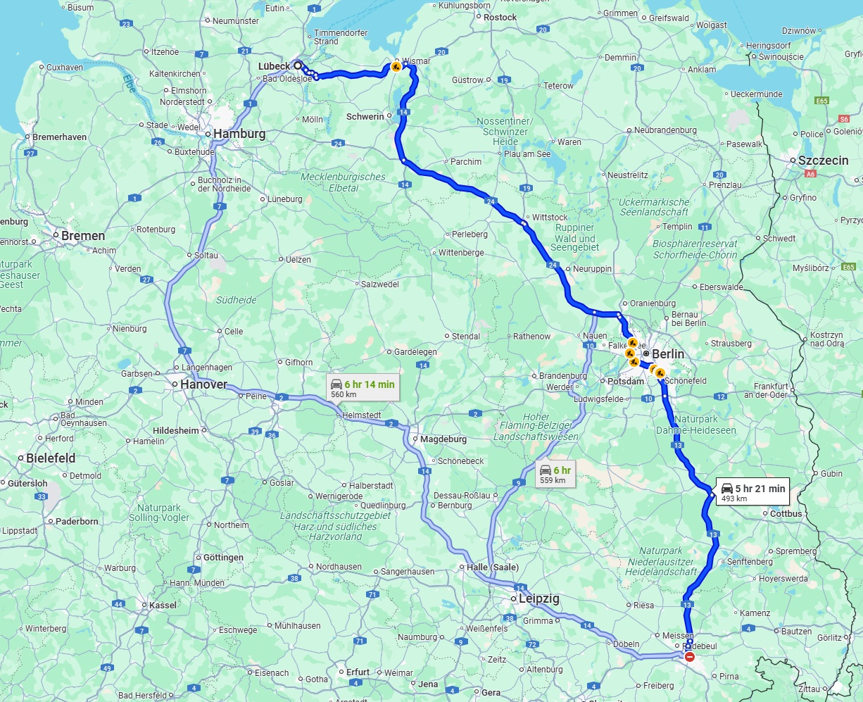 Anreise von Lübeck Zu Dresden Über via A24 and A13