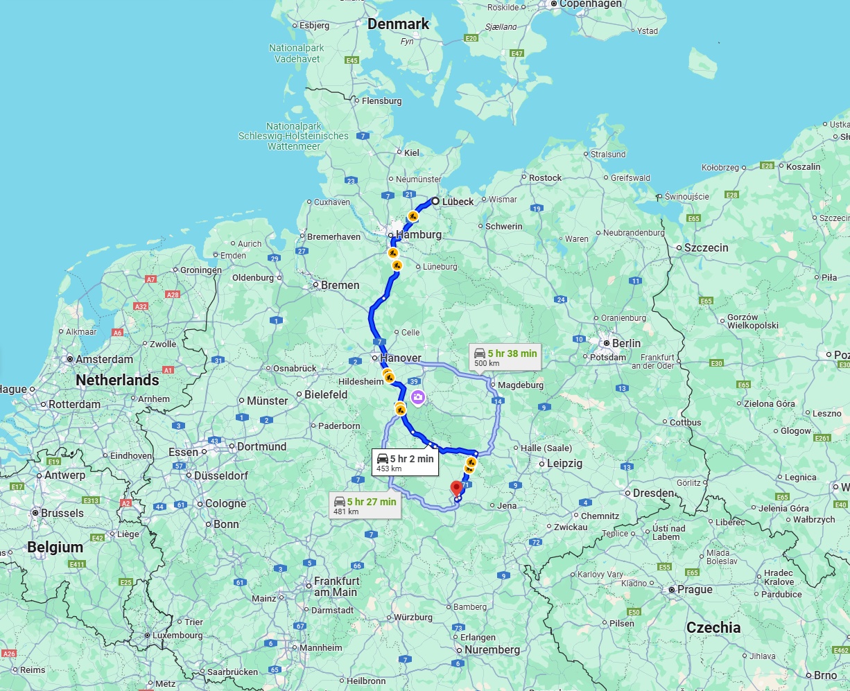 Anreise von Lübeck Zu Erfurt Über via A7