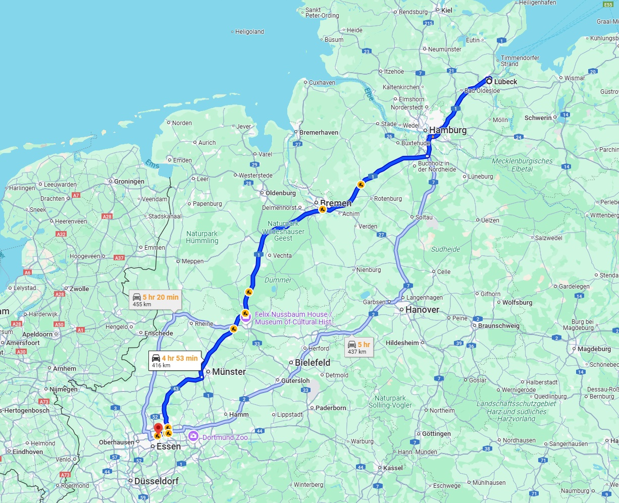 Anreise von Lübeck Zu Gelsenkirchen Über via A1