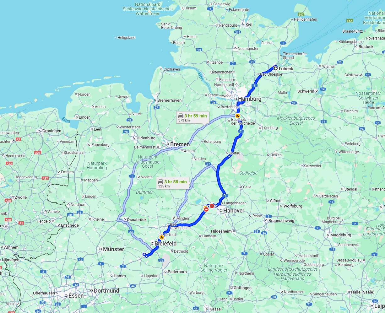 Anreise von Lübeck Zu Gütersloh Über via A7 and A2
