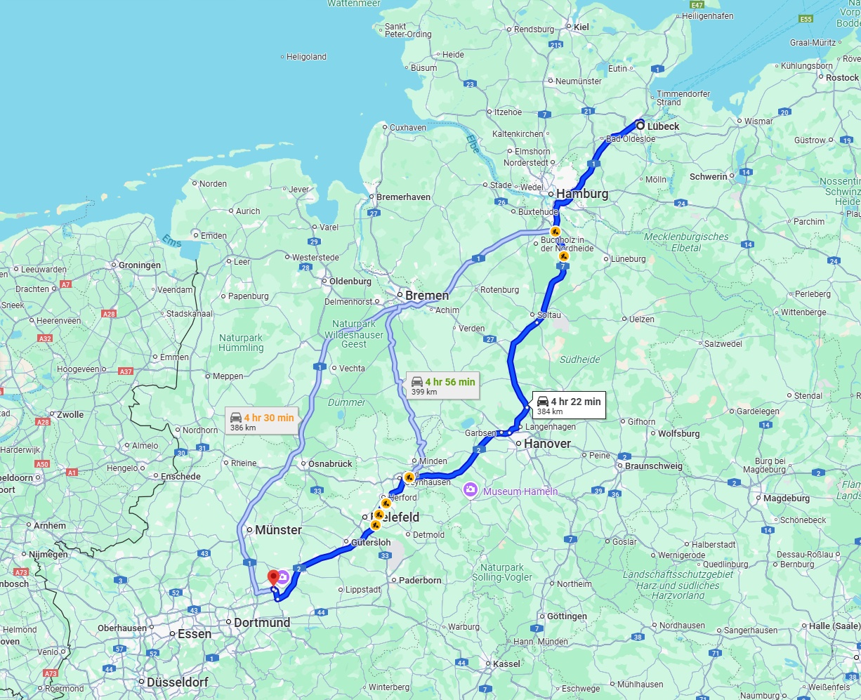 Anreise von Lübeck Zu Hamm Über via A7 and A2