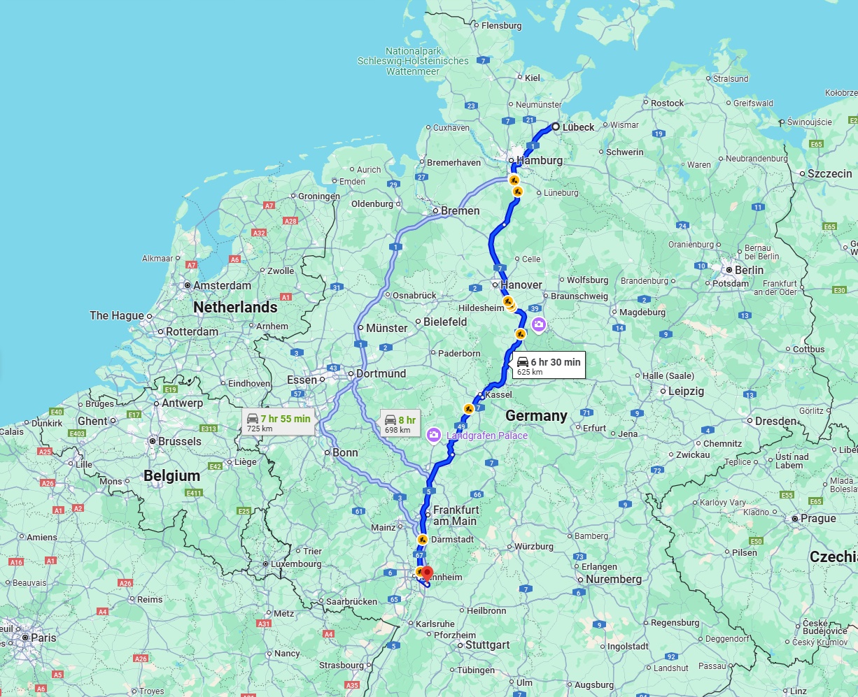 Anreise von Lübeck Zu Heidelberg Über via A7