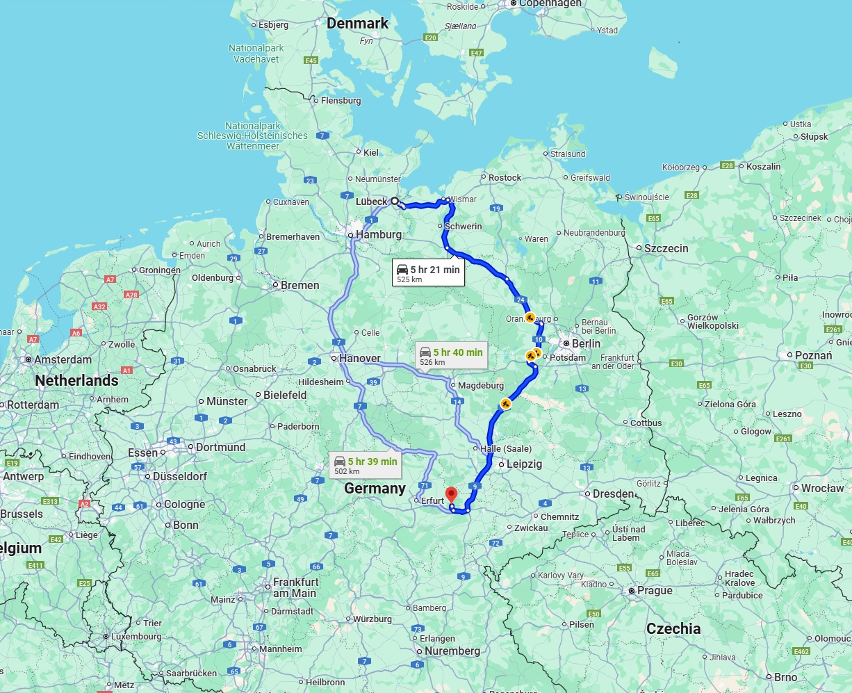 Anreise von Lübeck Zu Jena Über via A24 and A9