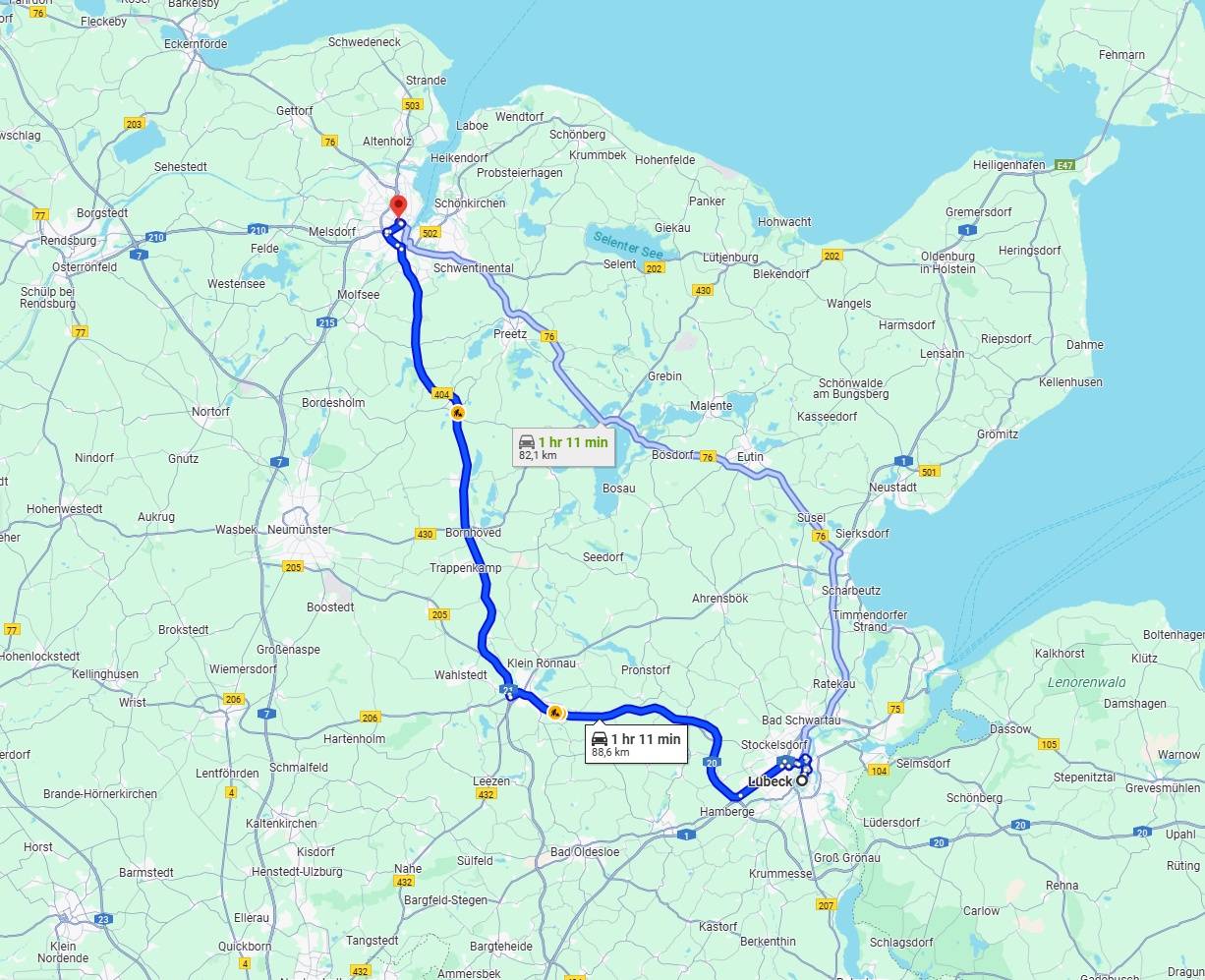 Anreise von Lübeck Zu Kiel Über via A20 and A21