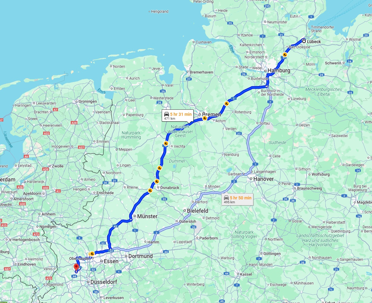 Anreise von Lübeck Zu Krefeld Über via A1