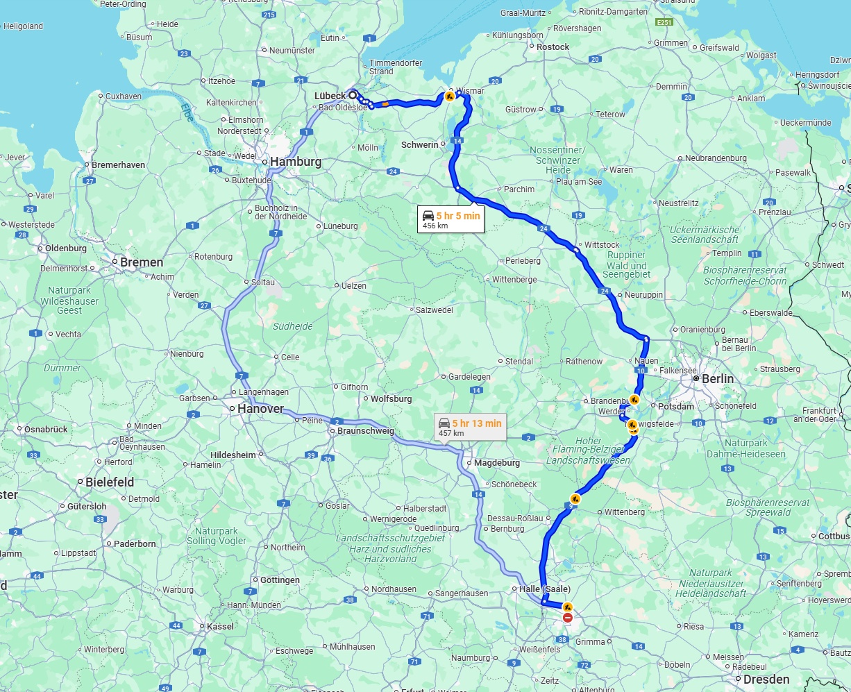 Anreise von Lübeck Zu Leipzig Über via A24 and A9