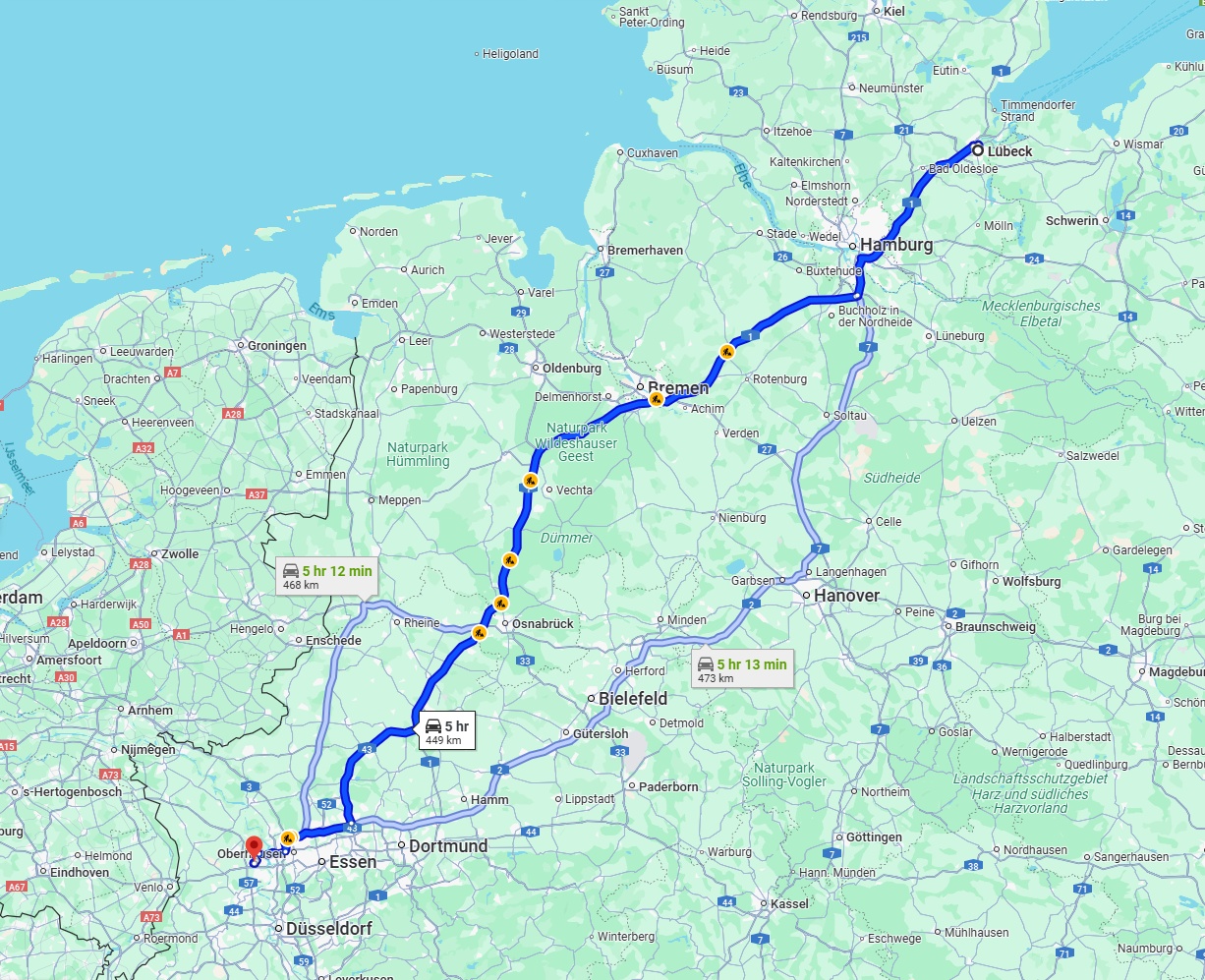 Anreise von Lübeck Zu Moers Über via A1