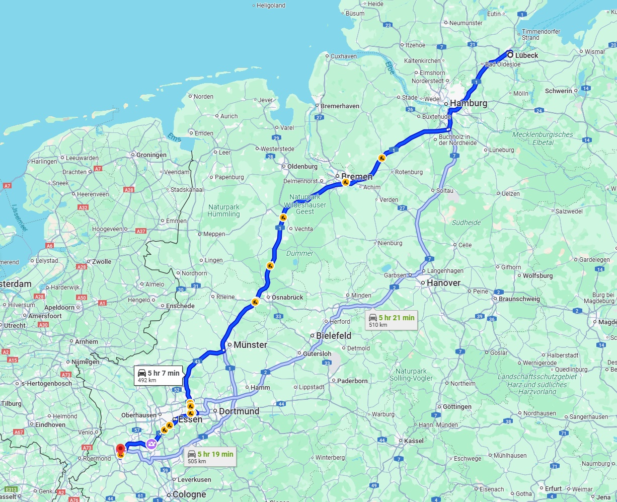 Anreise von Lübeck Zu Mönchengladbach Über via A1