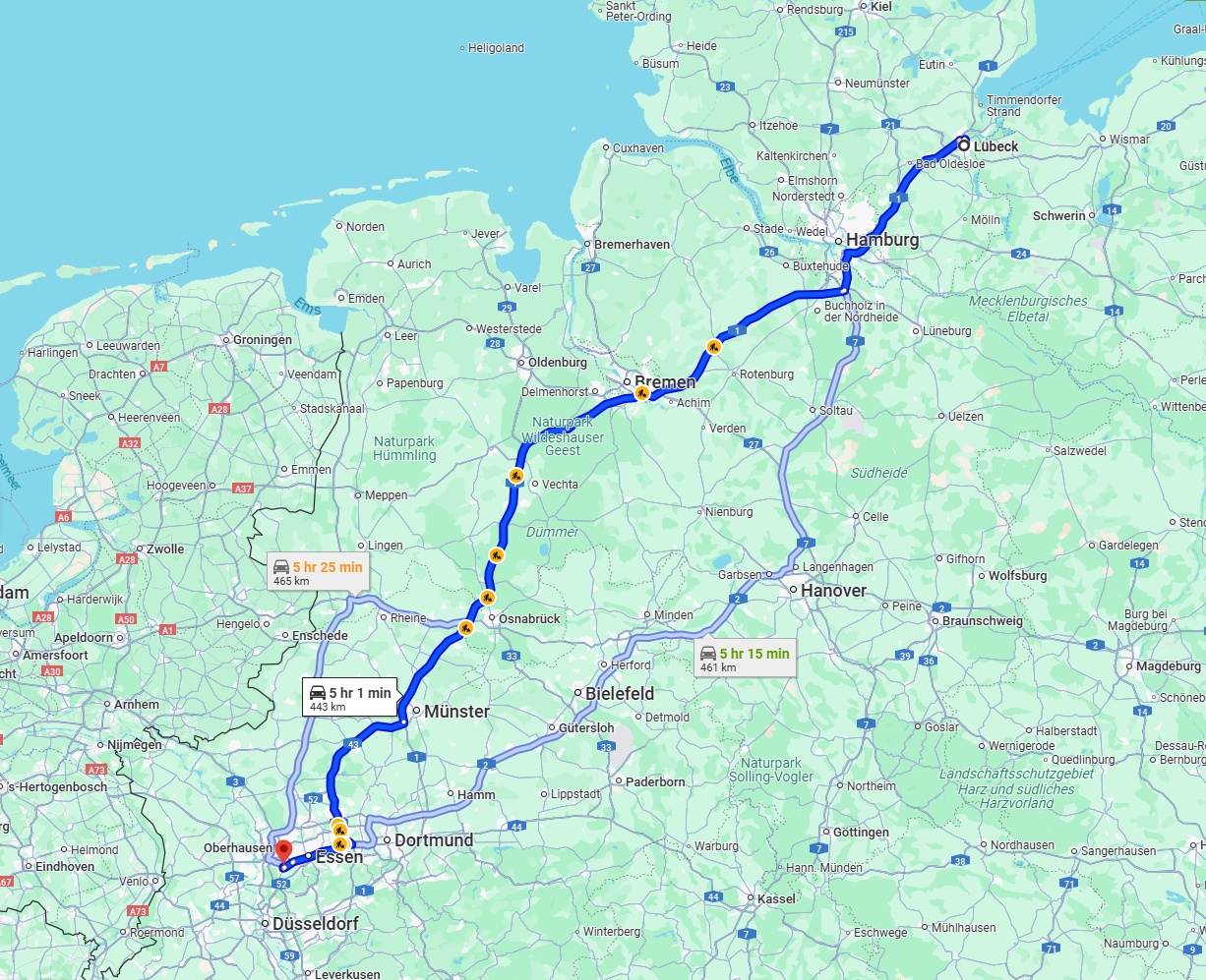 Anreise von Lübeck Zu Mülheim an der Ruhr Über via A1