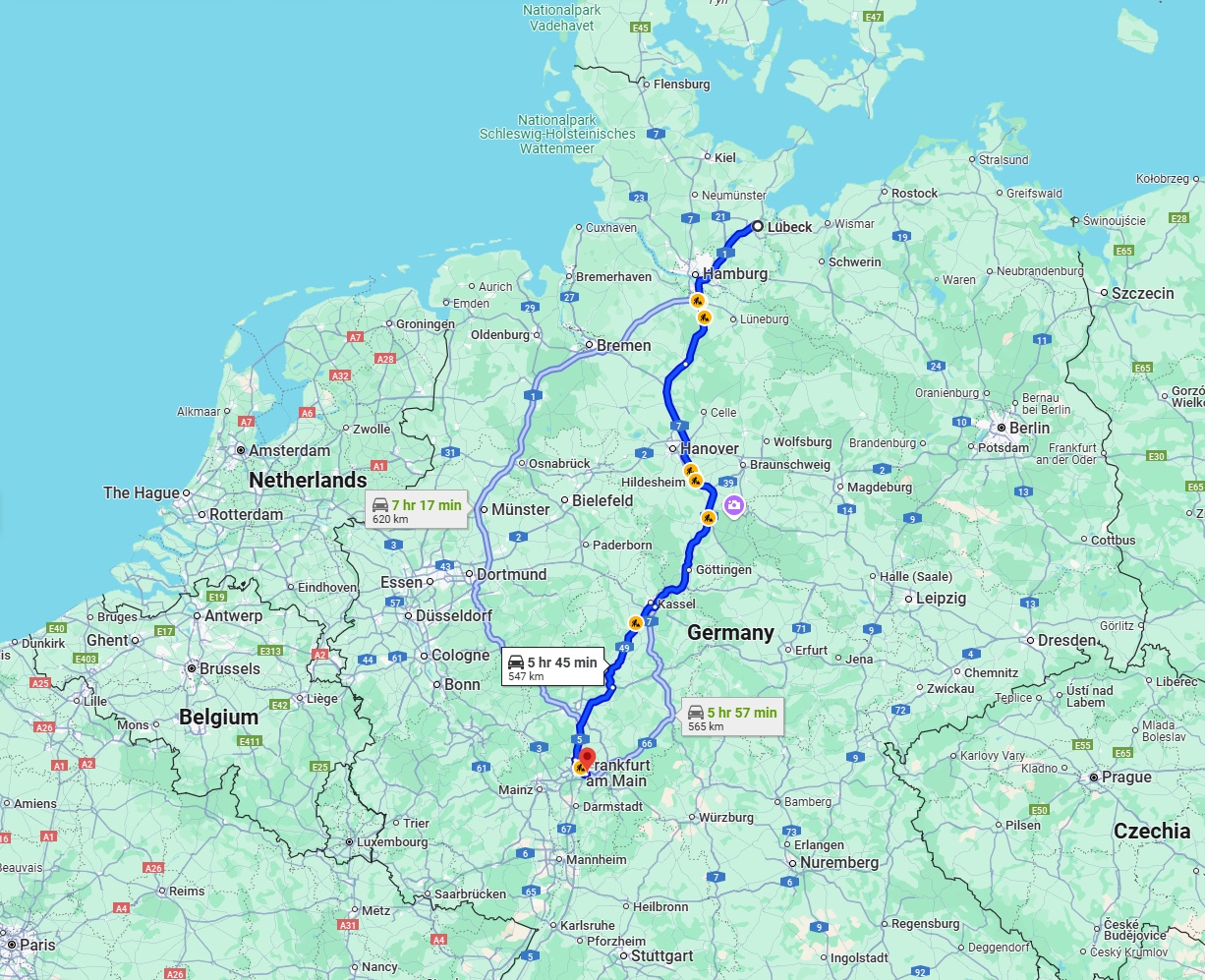 Anreise von Lübeck Zu Offenbach am Main Über via A7