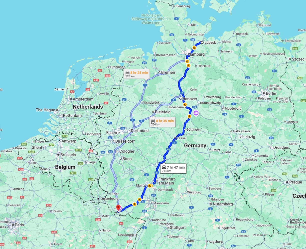 Anreise von Lübeck Zu Saarbrücken Über via A7