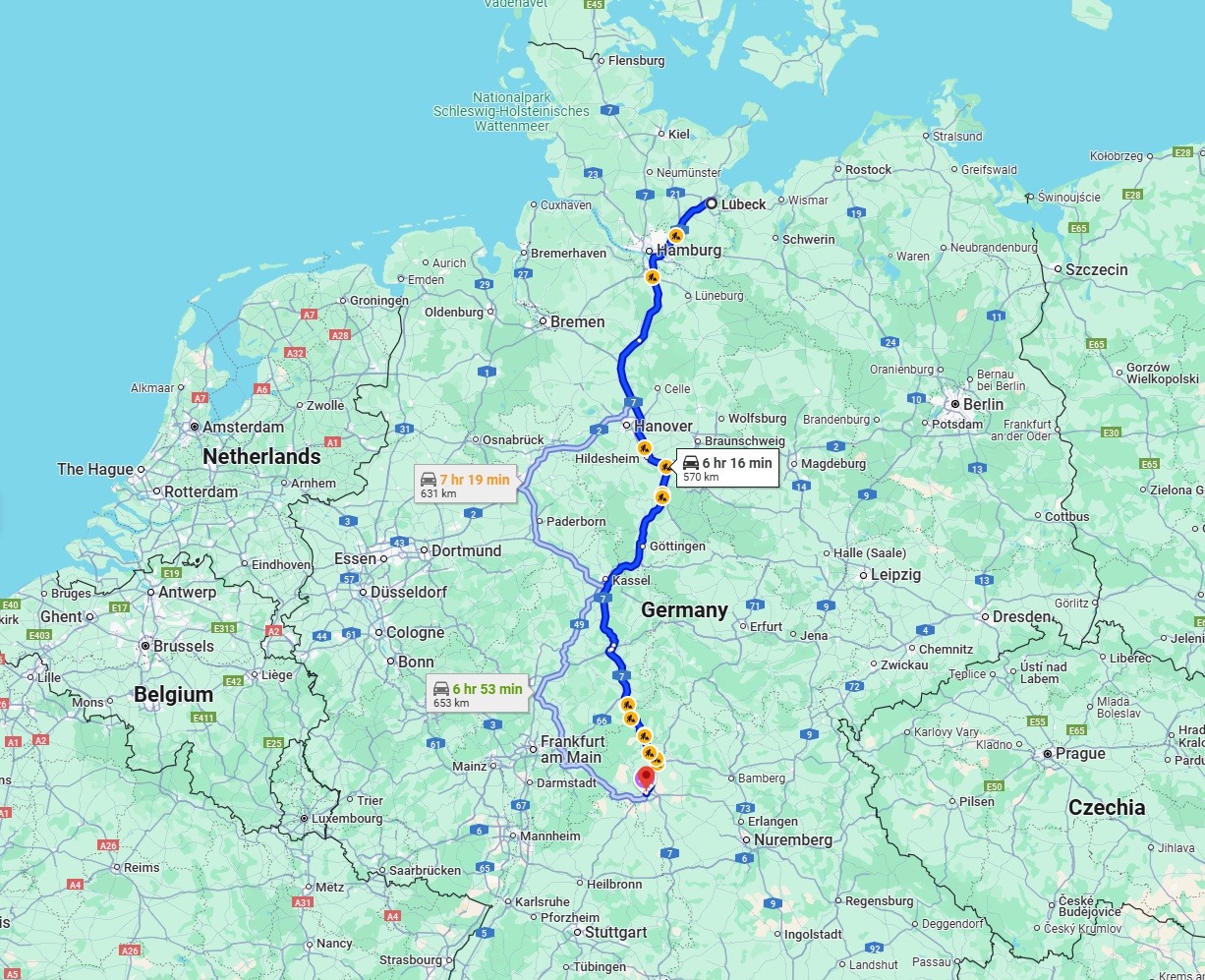 Anreise von Lübeck Zu Würzburg Über via A7