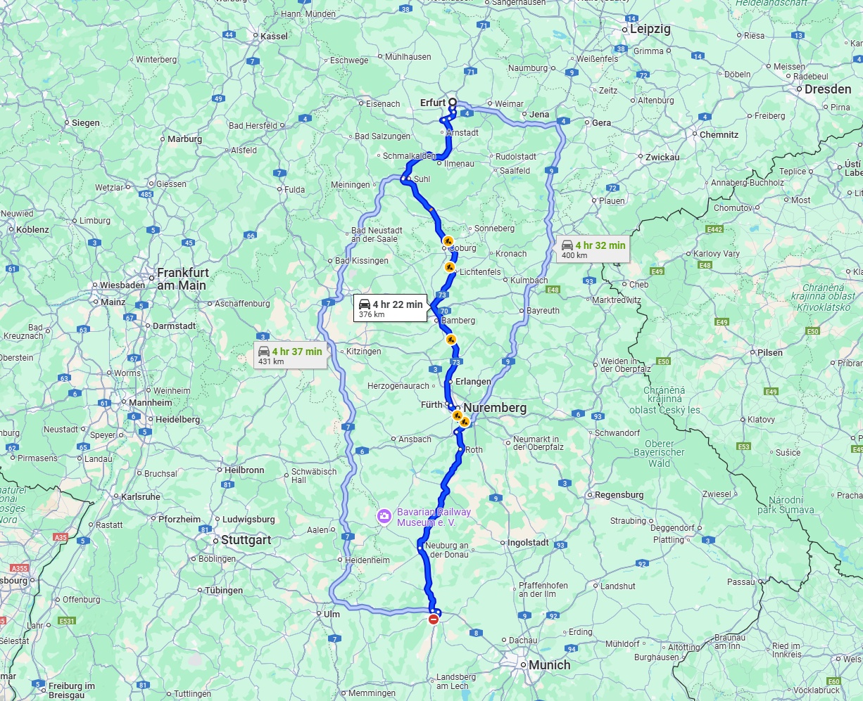 Anreise von Erfurt Zu Augsburg Über via A73 and B2