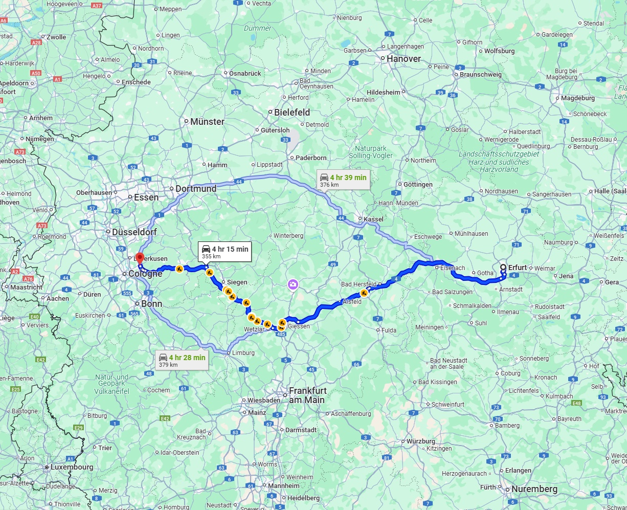 Anreise von Erfurt Zu Bergisch Gladbach Über via A4