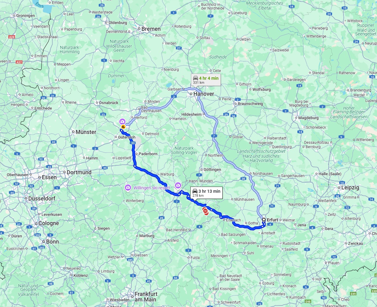 Anreise von Erfurt Zu Bielefeld Über via A44