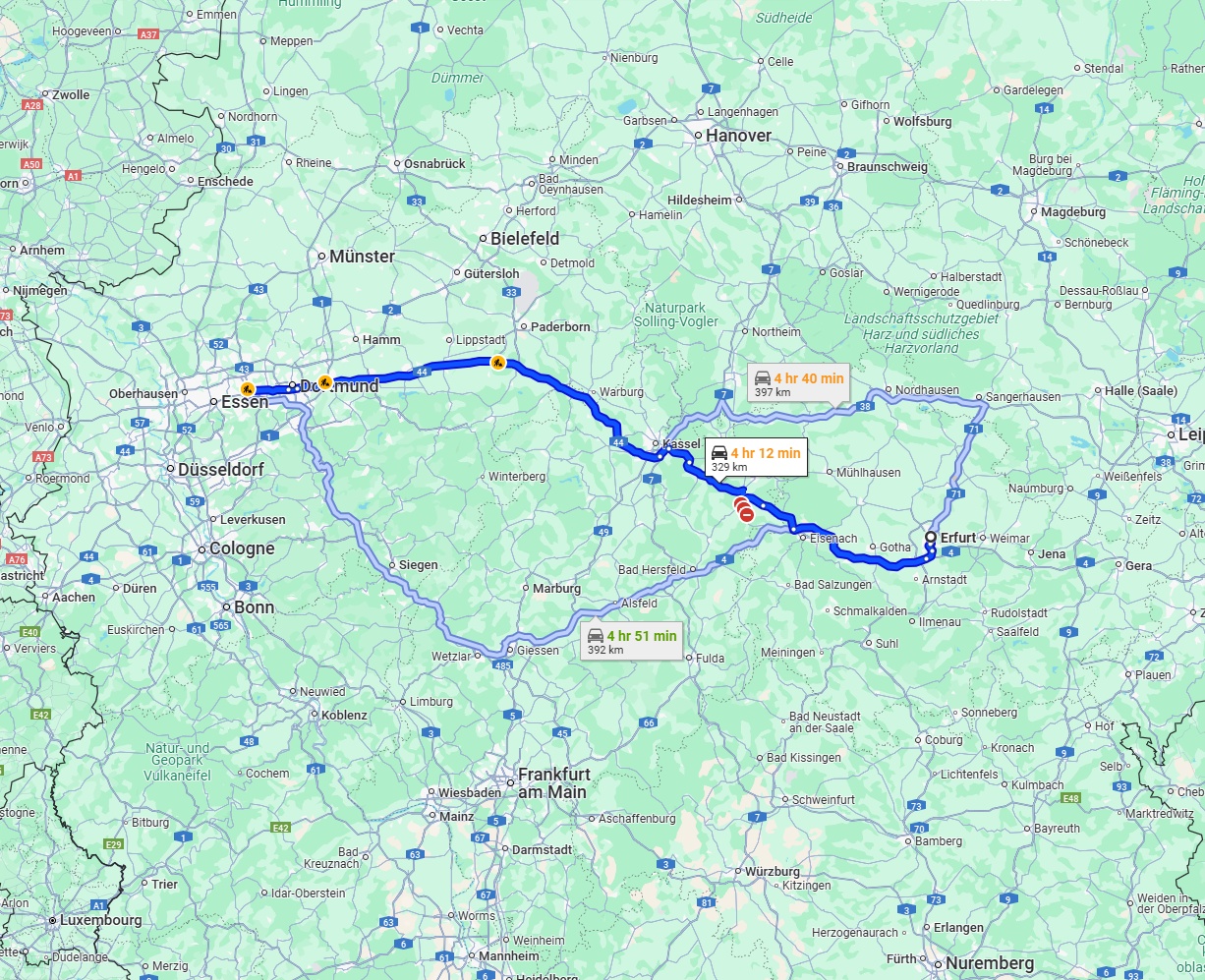Anreise von Erfurt Zu Bochum Über via A44
