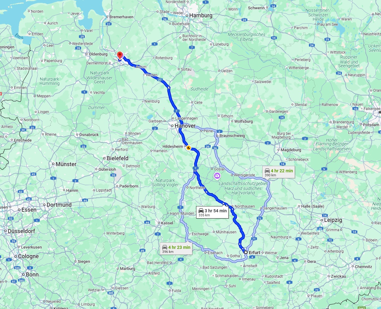 Anreise von Erfurt Zu Bremen Über via A7