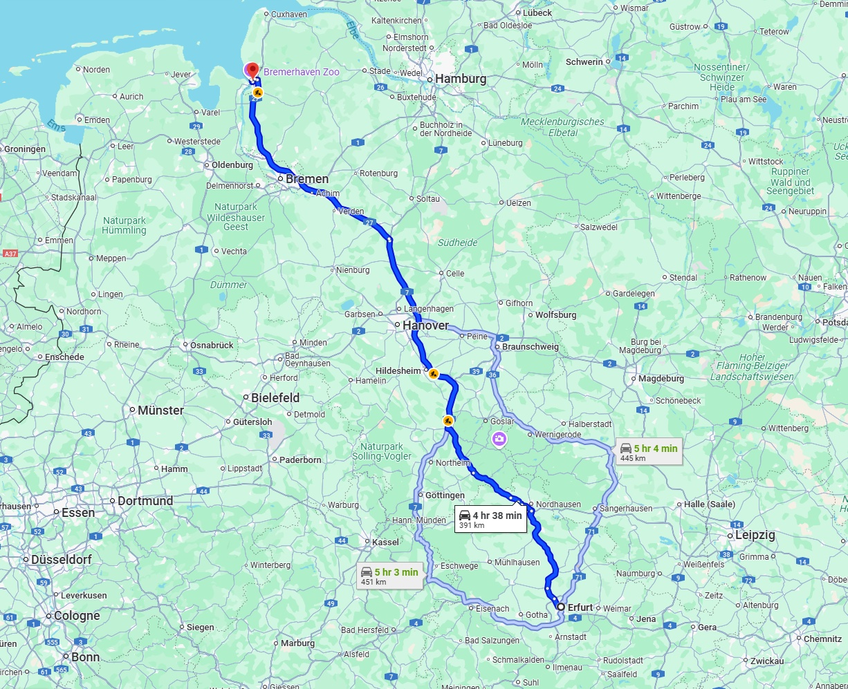Anreise von Erfurt Zu Bremerhaven Über via A7 and A27