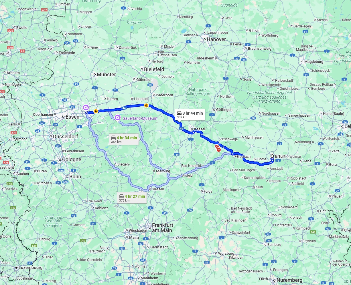 Anreise von Erfurt Zu Dortmund Über via A44