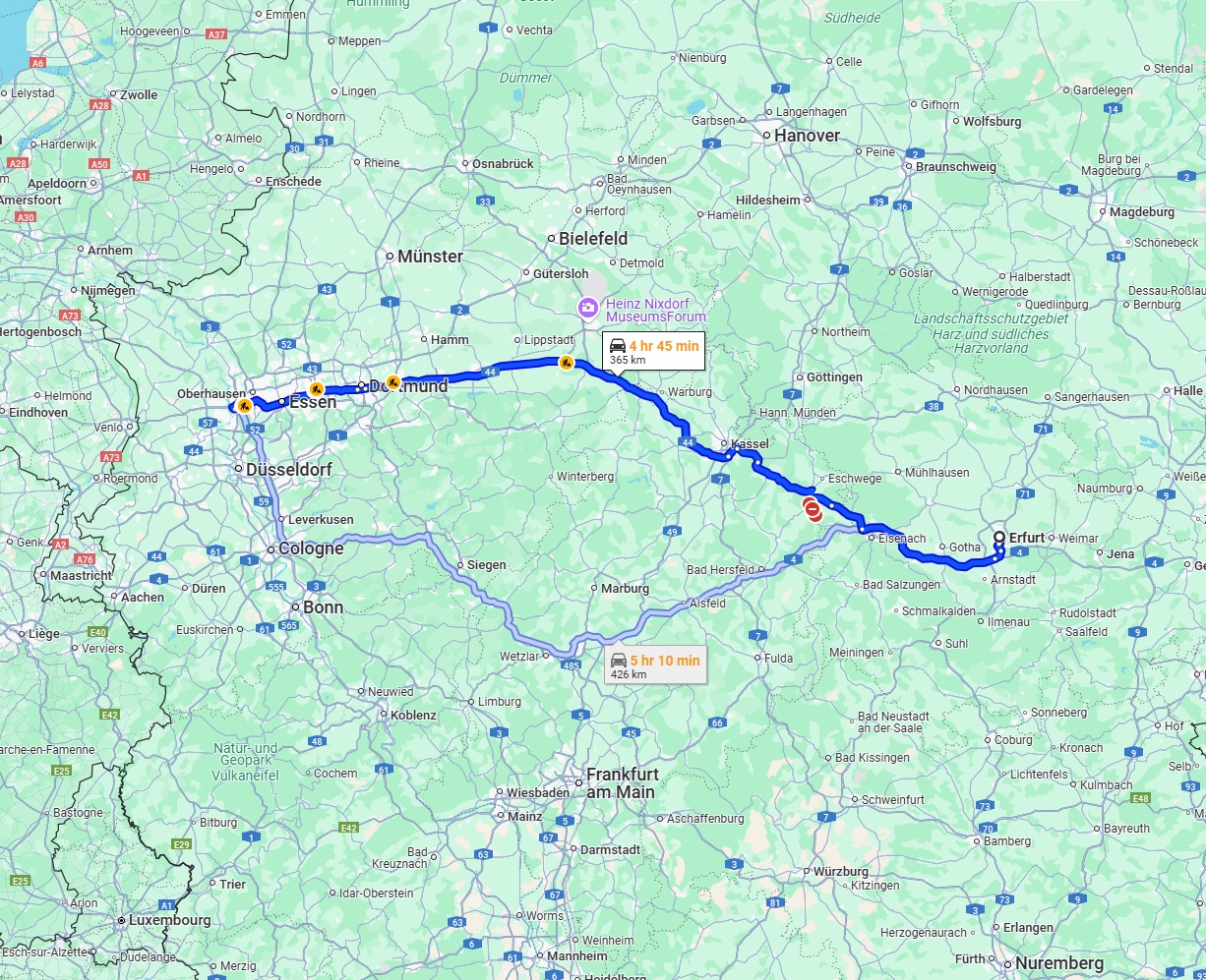 Anreise von Erfurt Zu Duisburg Über via A44