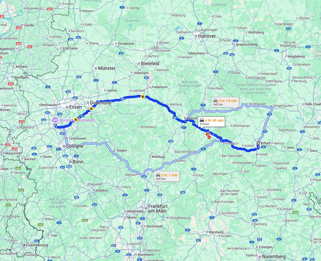 Anreise von Erfurt Zu Düsseldorf Über via A44