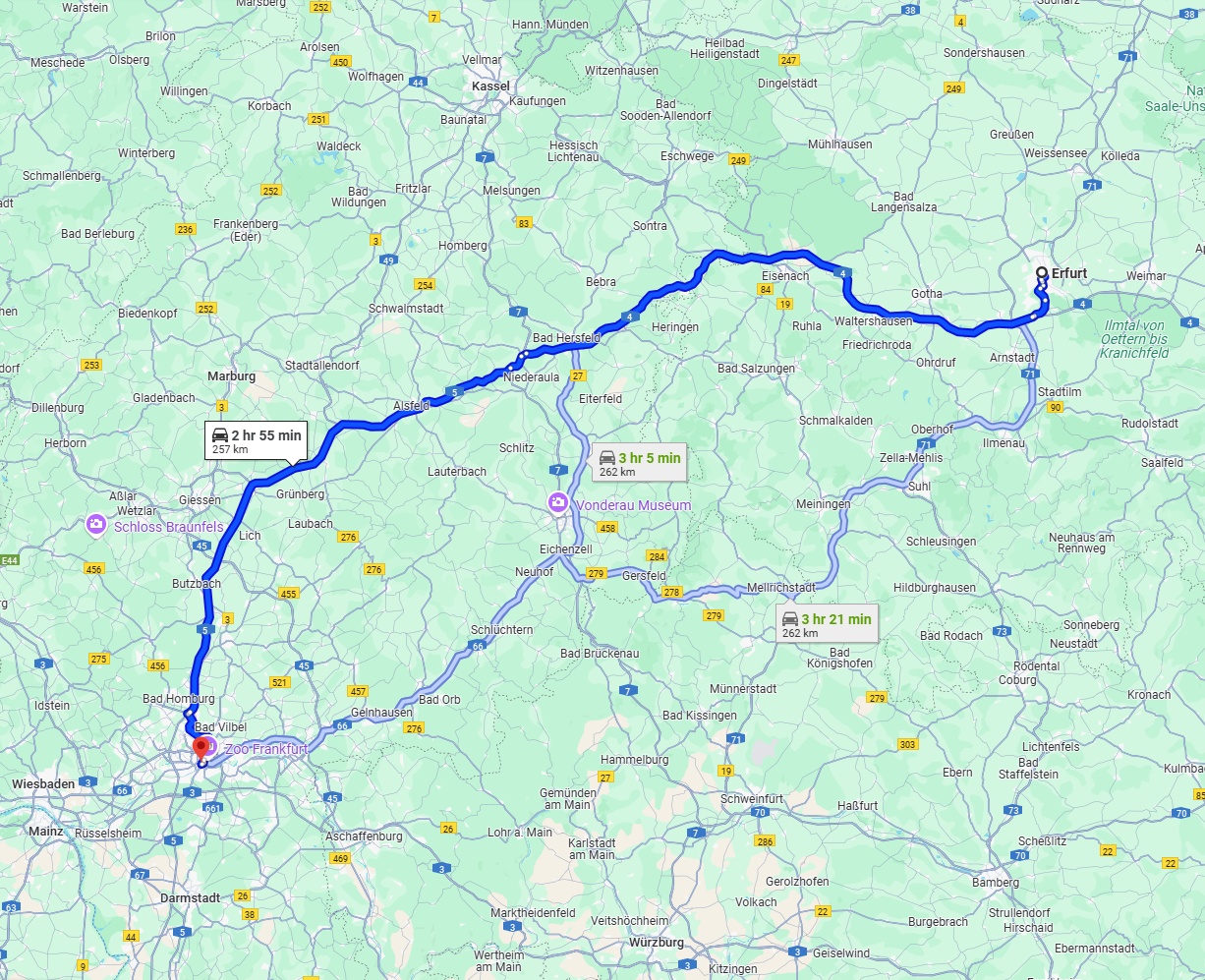 Anreise von Erfurt Zu Frankfurt am Main Über via A4 and A5