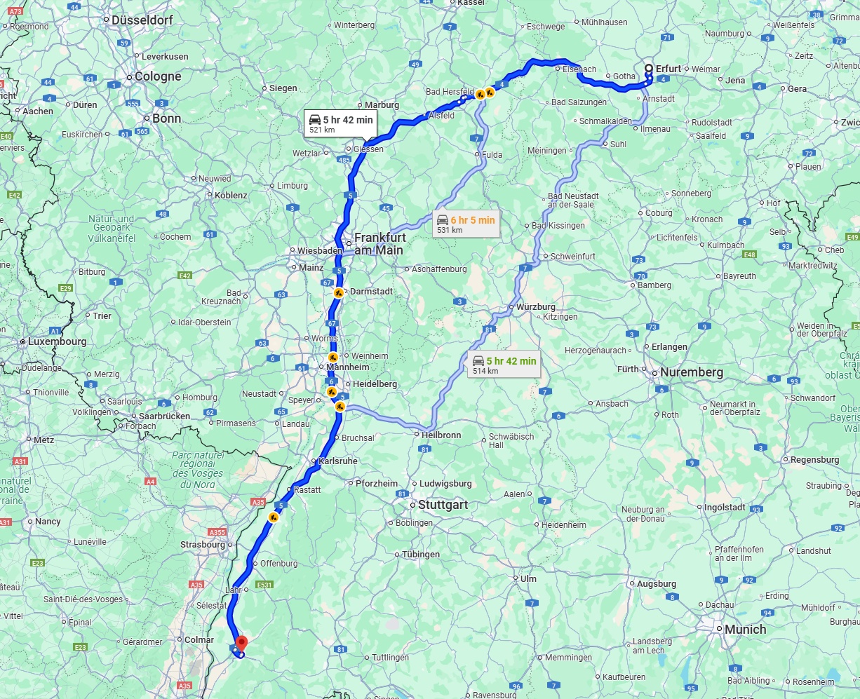 Anreise von Erfurt Zu Freiburg im Breisgau Über via A5