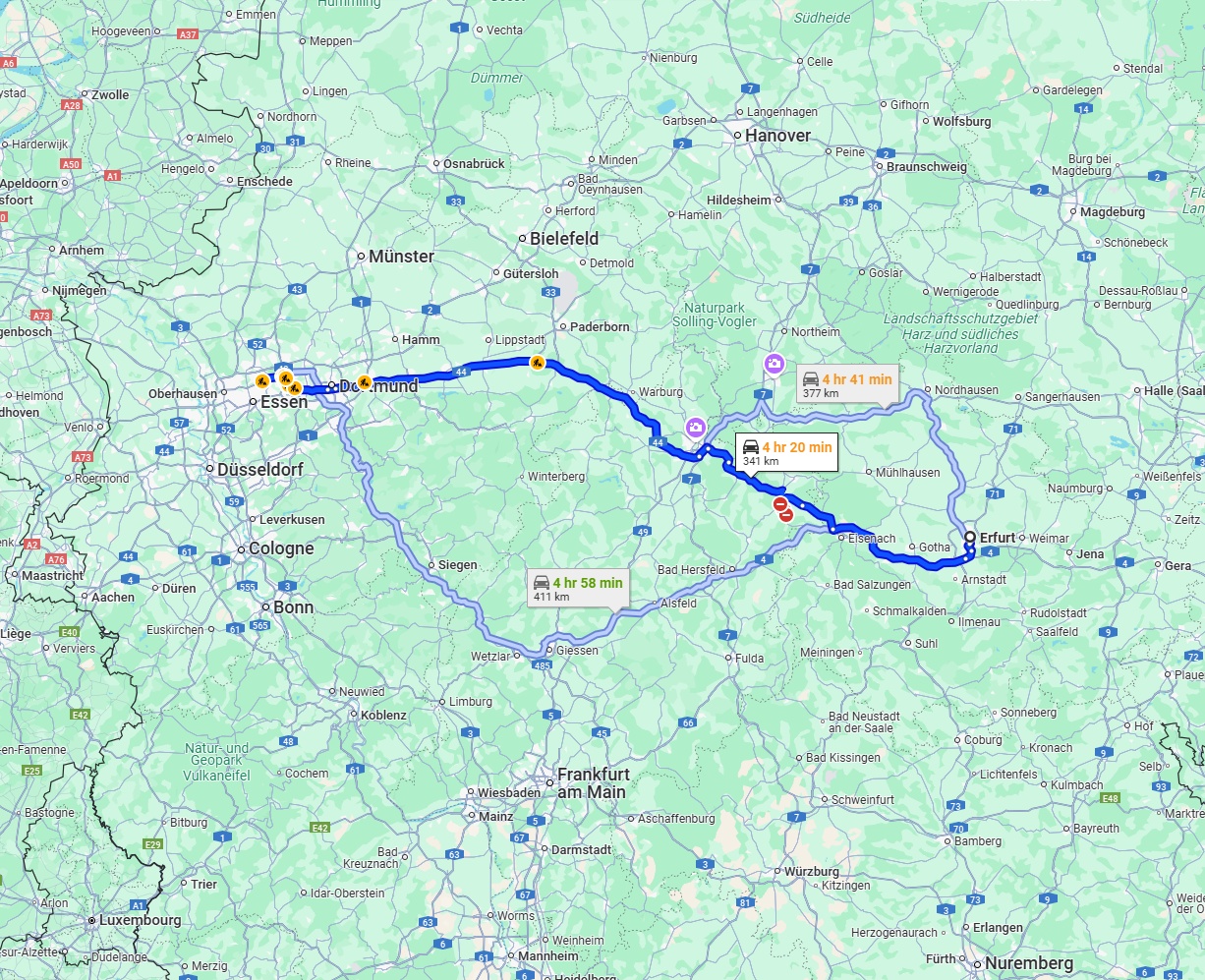 Anreise von Erfurt Zu Gelsenkirchen Über via A44