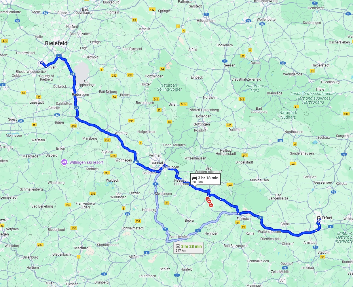 Anreise von Erfurt Zu Gütersloh Über via A44