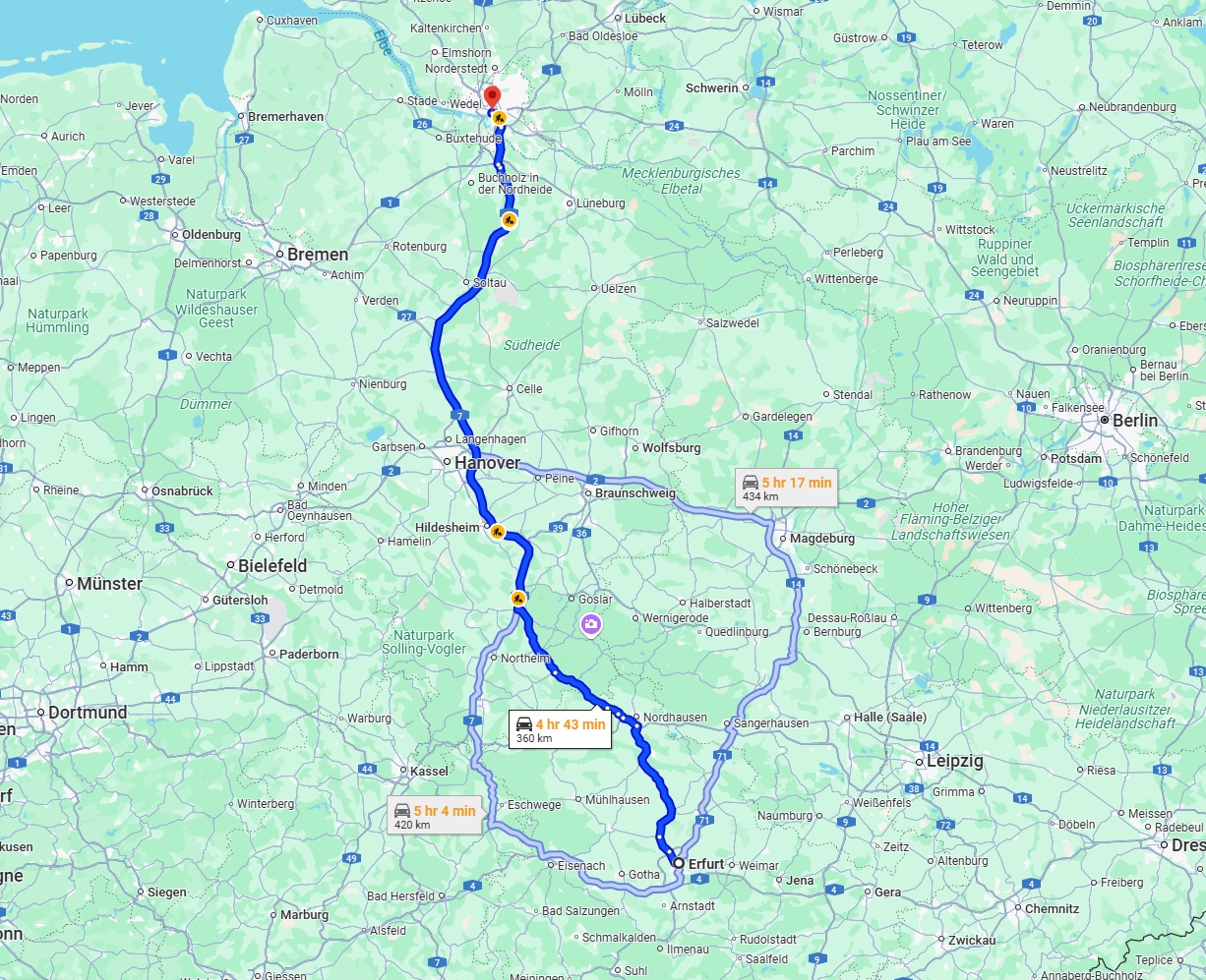 Anreise von Erfurt Zu Hamburg Über via A7