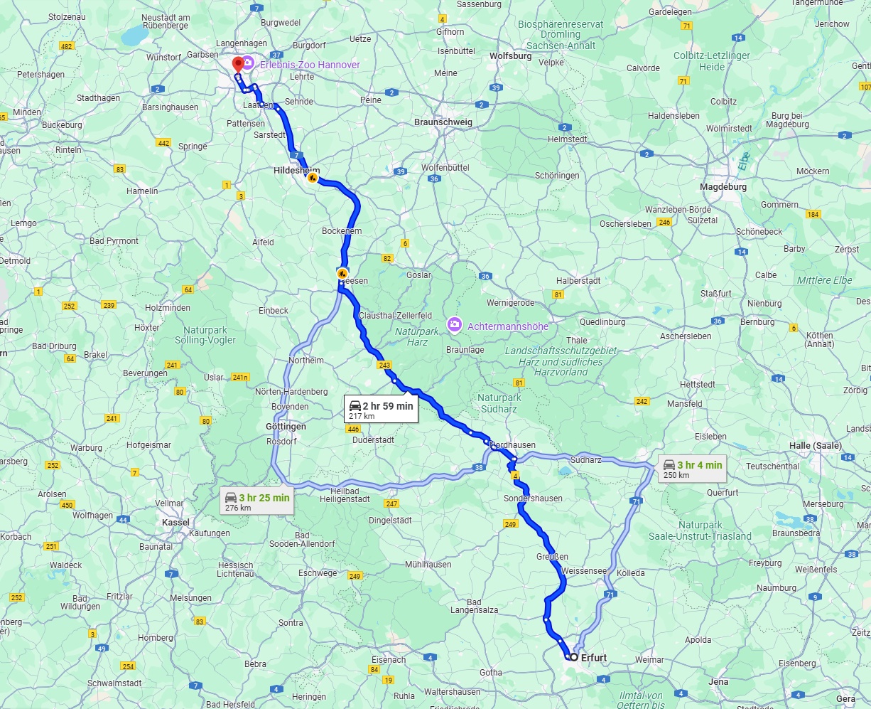 Anreise von Erfurt Zu Hannover Über via B4, B243 and A7