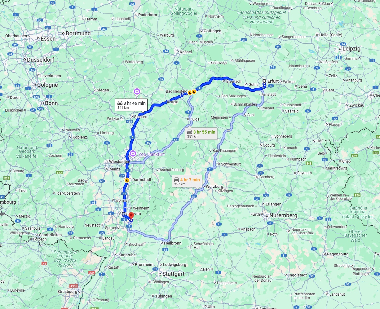 Anreise von Erfurt Zu Heidelberg Über via A4 and A5