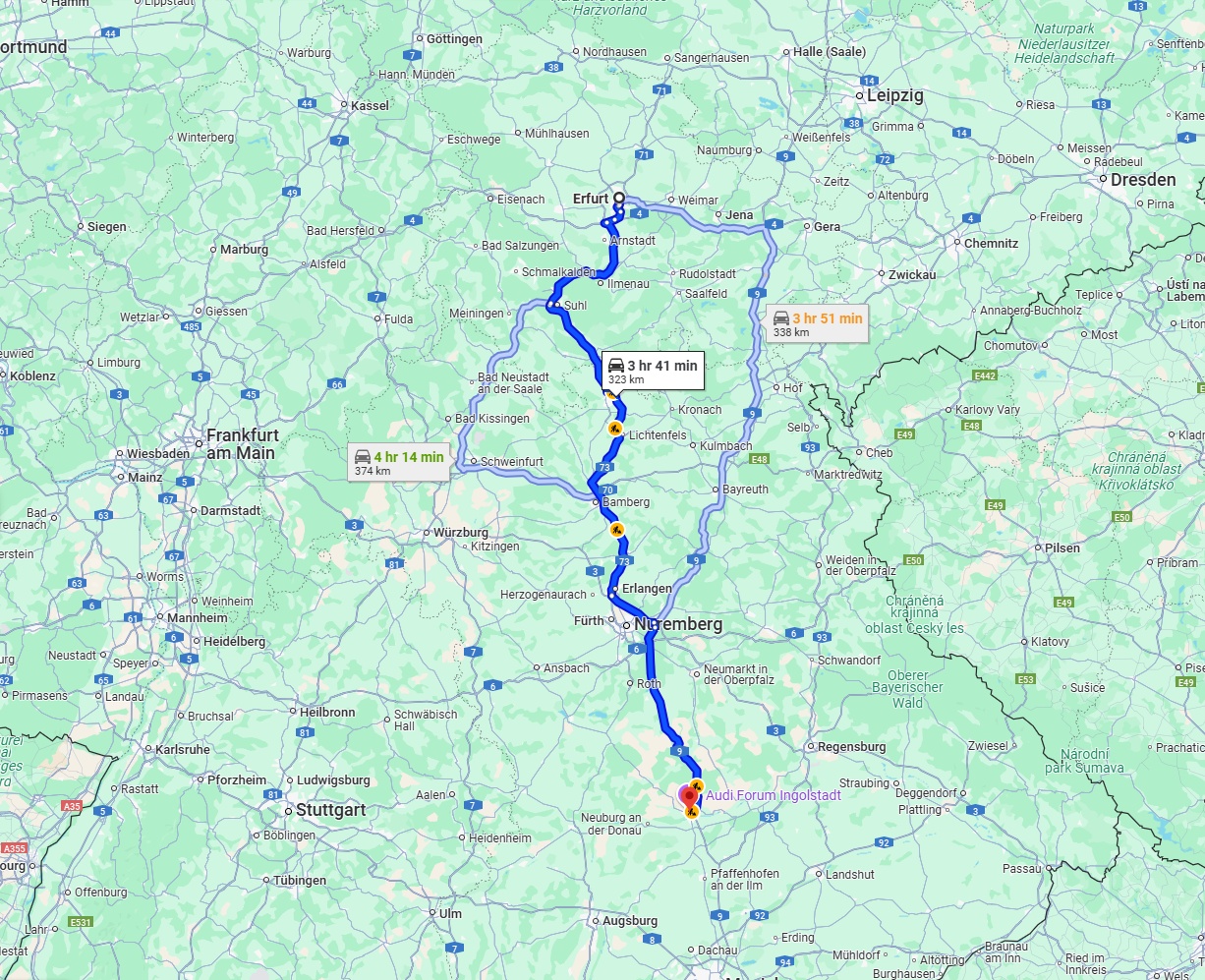 Anreise von Erfurt Zu Ingolstadt Über via A73 and A9