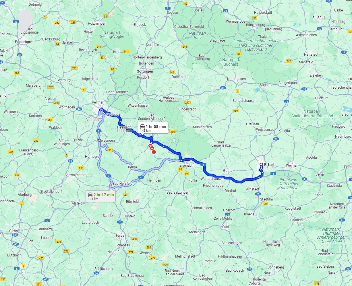 Anreise von Erfurt Zu Kassel Über via A4 and B7