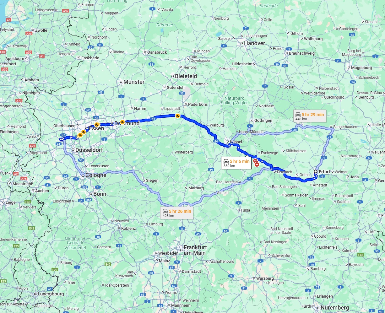 Anreise von Erfurt Zu Krefeld Über via A44