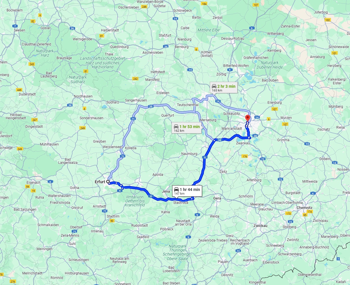 Anreise von Erfurt Zu Leipzig Über via A4 and A9